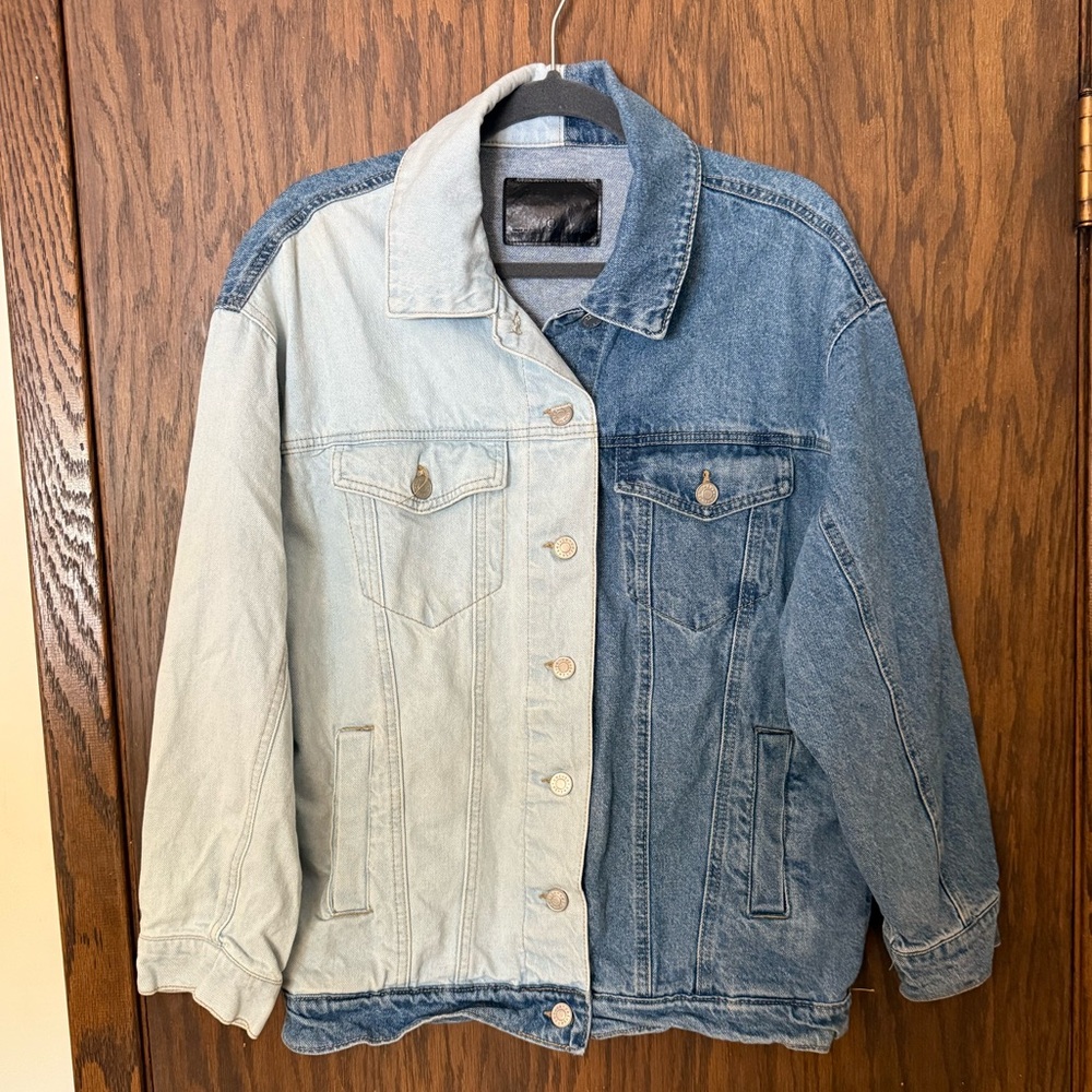 Refuge Two-Tone Denim Jacket Streetwear Patchwork Denim Moto Jean Jacket Y2K